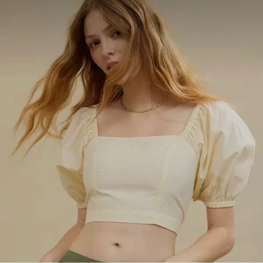 aerie Cream Square-Neck Puff Sleeve Crop Top